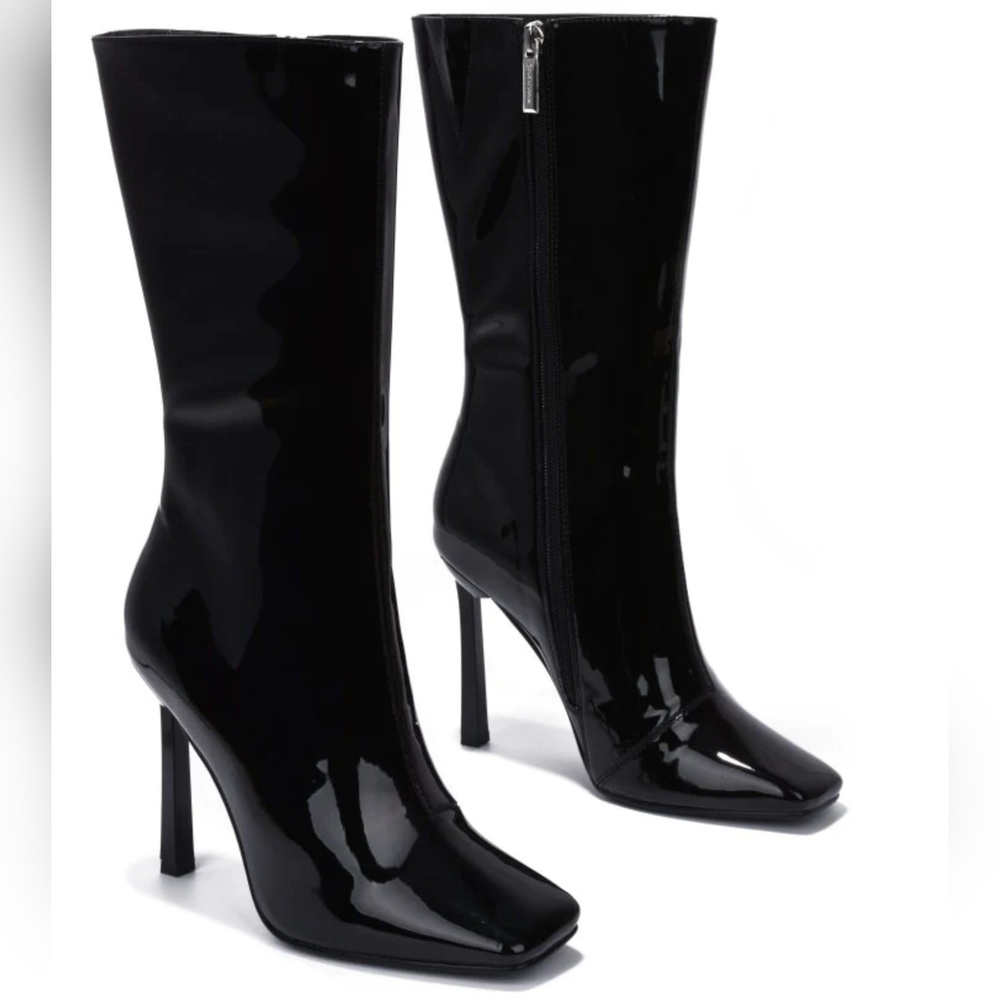 Women Mid Calf Square Toe Heel Boot Black Color